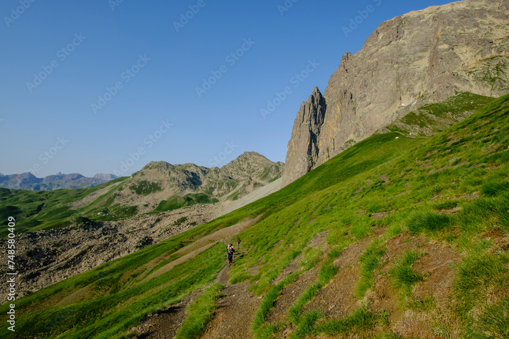 hikers on the road, Col de Souzon, Pyrenees National Park, Pyrenees Atlantiques, France