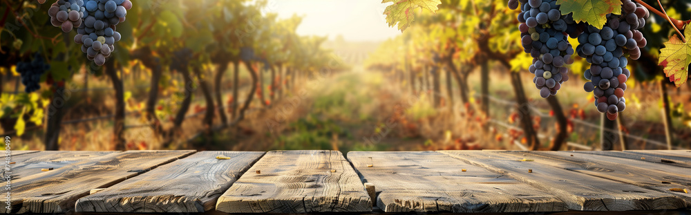 Empty wood table with free space over grapes trees, grapes field background. For product display montage Empty wood table with free space over grapes trees, grapes field background. For product display montage