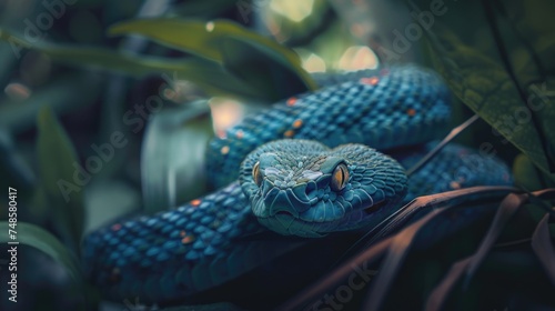 A blue snake perched on a leaf-covered tree. Suitable for nature and wildlife themes