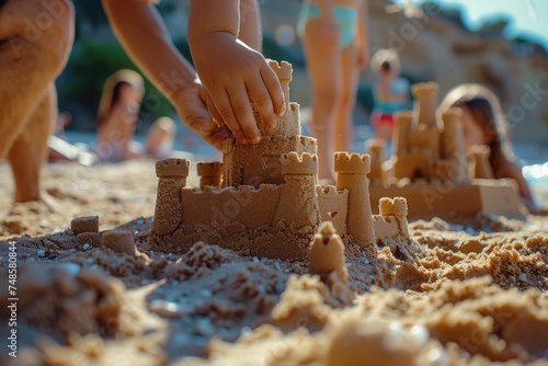 A child's hand building a s...