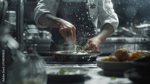 A chef adding salt to a pan of food, ideal for food blogs or cooking websites photo