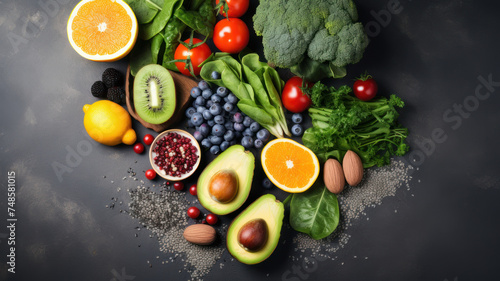 Different vegetables  seeds and fruits on grey table  flat lay. Healthy diet