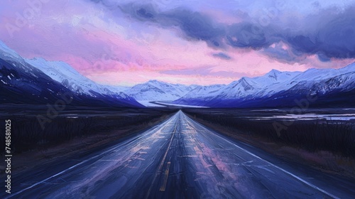 a painting of a road in the middle of a field with a mountain range in the background and a cloudy sky.