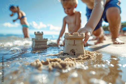 A child's hand building a s...