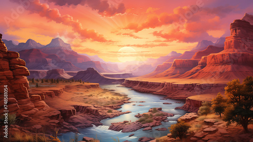 A vibrant, colorful sky sets the backdrop as the river carves its path through the rugged landscape of the canyon, illuminated by the setting sun. Watercolor painting illustration.