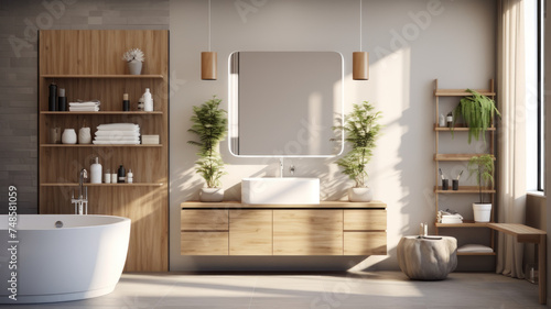 Modern bathroom interior with wooden decor in eco style