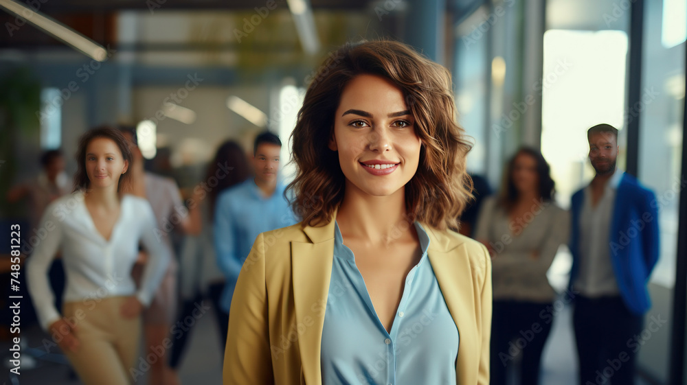 Successful business woman standing creative office Successful business woman standing creative office