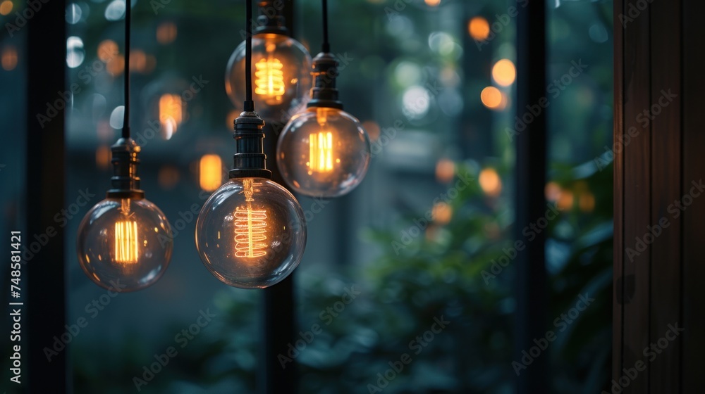 a bunch of light bulbs that are hanging from a light pole in a room with a lot of lights on it. - obrazy, fototapety, plakaty 