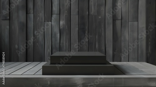Black podium on a wooden background. 3D rendering.