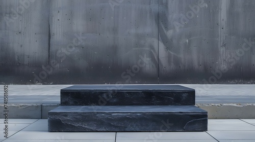 Black marble podium on a gray background. Two levels.