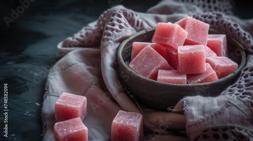 a bowl full of watermelon cubes sitting on top of a cloth next to a bowl of watermelon cubes. photo