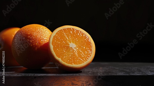 Fresh halved orange on wooden table, suitable for food and nutrition concepts