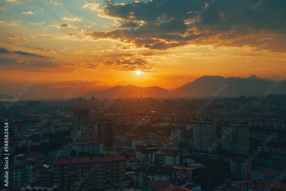 City skyline at sunset with mountains in background. Perfect for travel and landscape themes