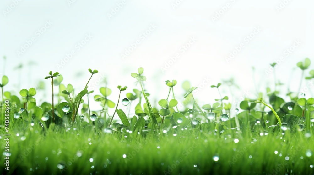 illustration of Drops of water lie on freshly cut elytrigia grass, Generative ai - obrazy, fototapety, plakaty 