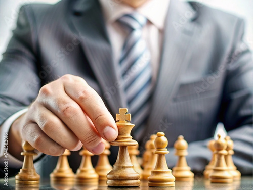 Close-up of male hands , Business man moving chess