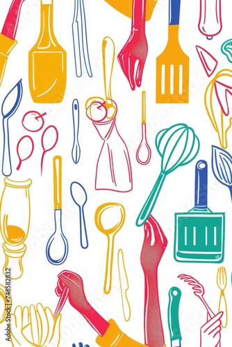 Various colored kitchen tools on a plain white backdrop. Ideal for cooking and culinary concepts