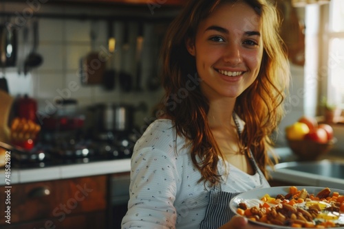 Woman holding plate of food in kitchen, perfect for food and cooking concepts