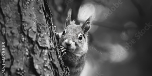 A black and white photo of a curious squirrel peeking out of a tree. Great for nature and wildlife themes © Fotograf
