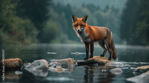 A fox standing on a rock in a river. Ideal for nature and wildlife themed projects © Fotograf