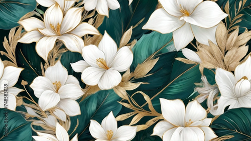 Abstract floral background with white, gold and green emerald colors