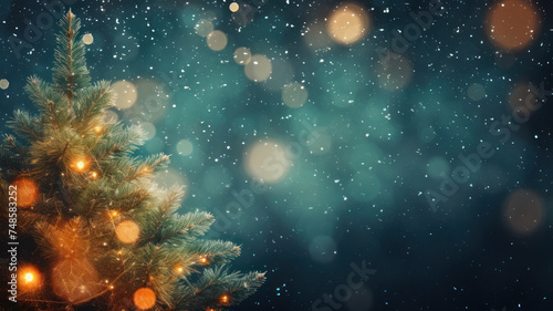 abstract christmas background with gift box fir tree , snow and bauble on bokeh gold background