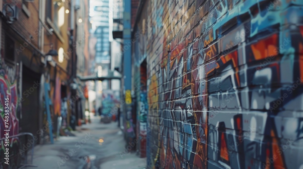 A narrow alley with colorful graffiti walls, perfect for urban backgrounds