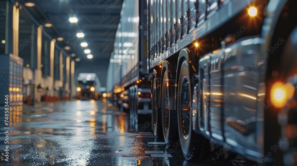 A large truck parked inside a warehouse. Suitable for logistics and transportation concepts A large truck parked inside a warehouse. Suitable for logistics and transportation concepts