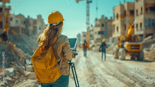 Diverse team of professionals using tablet computers on construction site. Real estate construction project. with civil engineers, architects, Arabic business investors and explorer with theodolite 