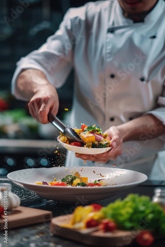 A chef adding seasoning to a bowl of food. Perfect for food blogs or restaurant menus