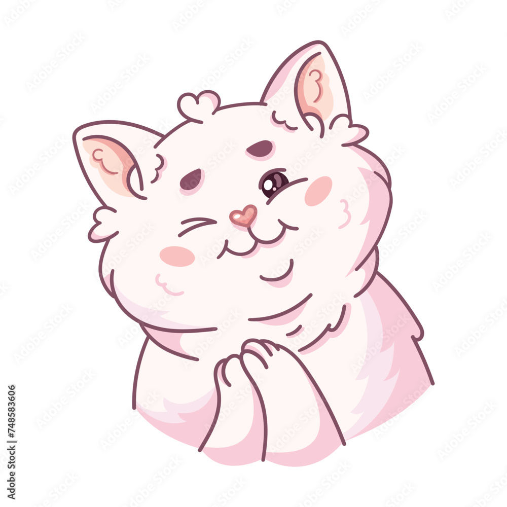 A cute fluffy cat winks with folded paws. The cartoon character is a pet. Vector illustration isolated on a white background A cute fluffy cat winks with folded paws. The cartoon character is a pet. Vector illustration isolated on a white background