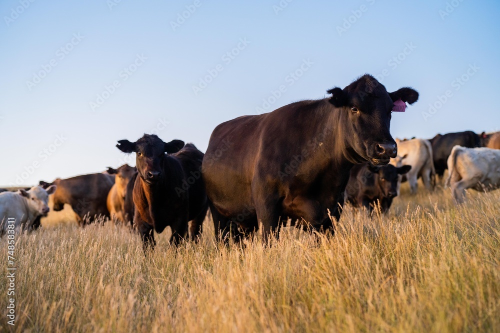 beautiful cattle in Australia eating grass, grazing on pasture. Herd of cows free range beef being regenerative raised on an agricultural farm. Sustainable farming of food crops. Cow in field beautiful cattle in Australia eating grass, grazing on pasture. Herd of cows free range beef being regenerative raised on an agricultural farm. Sustainable farming of food crops. Cow in field