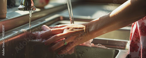 Housewife washes hands or dishes detail. Cleaning Hands. hygiene concept.