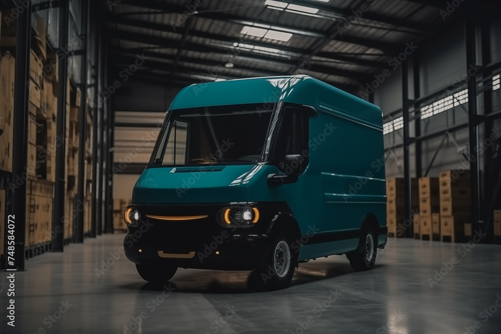 Electric Van Delivering in warehouse. Electric cargo van. Modern E Delivery EV truck. Production of Electric delivery van for Transport logistics. Driverless rivan in warehouse. Ai Generative