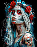 T-shirt applique design. Portrait of a girl wearing makeup in honor of the Day of the Dead.