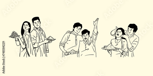Indian people outline hand-drawn illustrations celebrating the Holi festival 