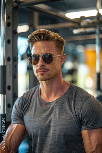 A man in a gray shirt and sunglasses posing for a picture. Suitable for business or lifestyle concepts © Fotograf