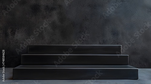 Black podium on a black background. Pedestal for displaying products. 3D rendering.