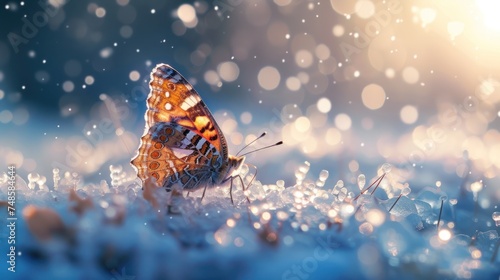 a close up of a butterfly on a snow covered ground with snow flakes on the ground and a blurry background.