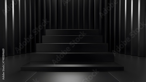 3D rendering of a black podium with steps. The podium is located in a dark room with black walls. The podium is lit by a spotlight. photo