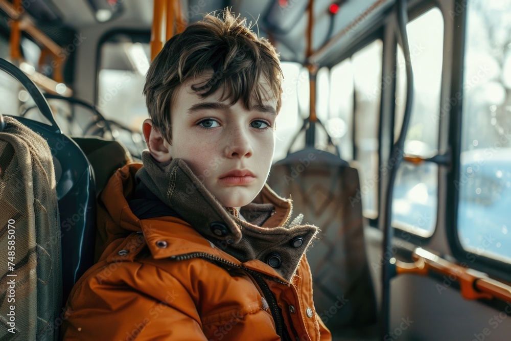 A young boy sitting on a bus, looking at the camera. Suitable for transportation concepts