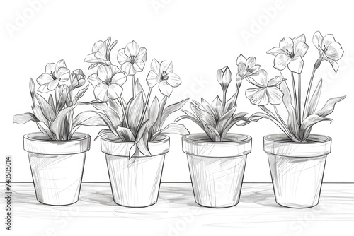 Simple line drawing of three potted plants  suitable for various design projects
