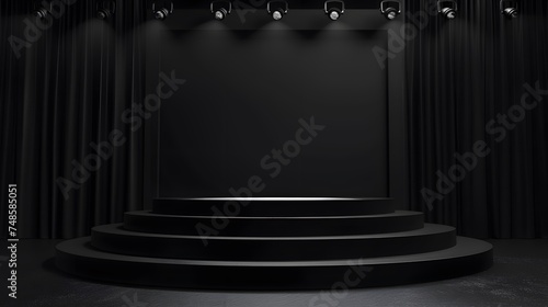Black stage with podium and spotlights. 3D rendering.