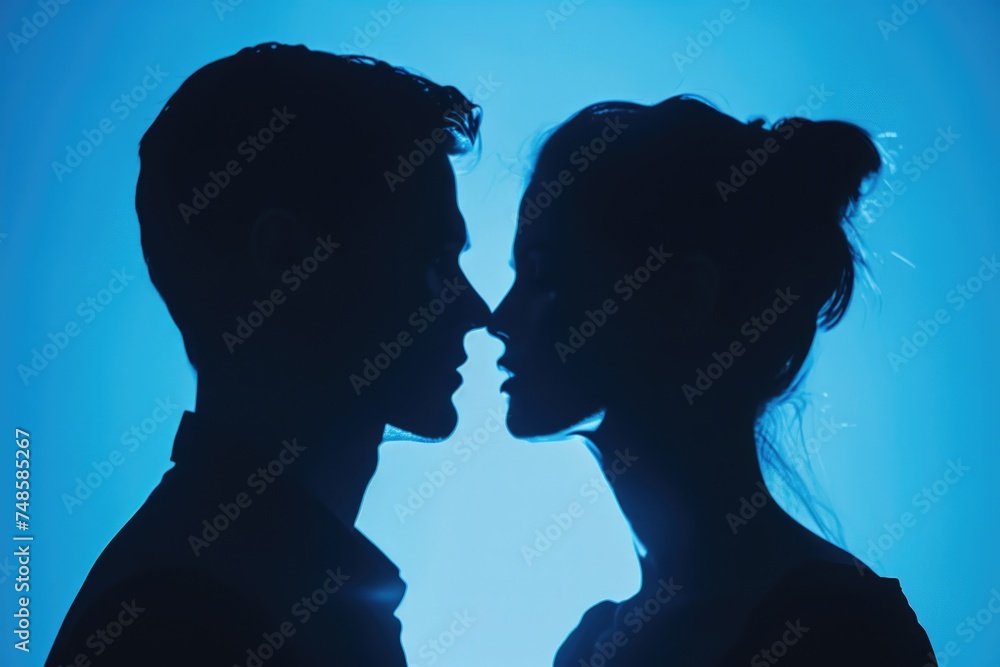 Silhouette of a man and woman against a blue backdrop. Suitable for various concepts and designs