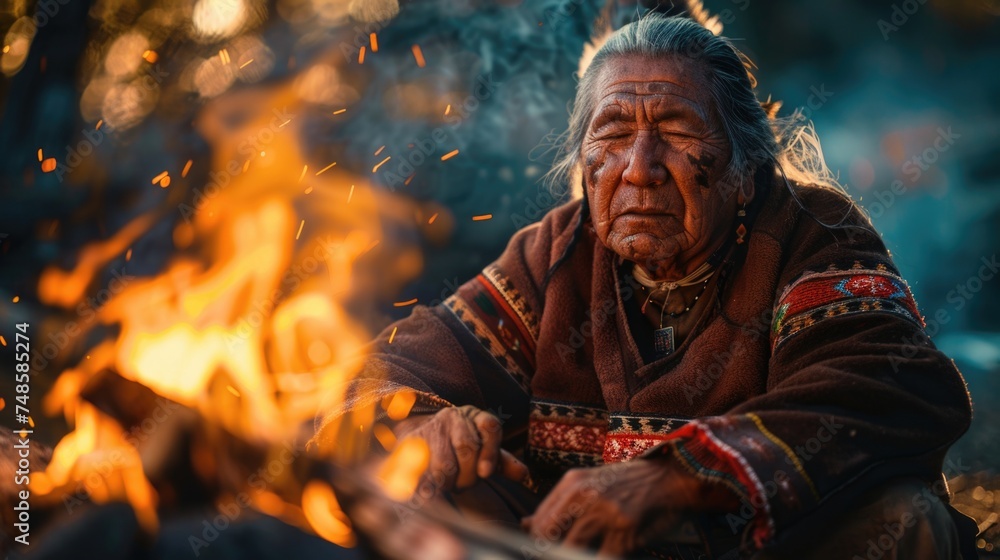 Senior man sitting by a cozy fire, suitable for home and lifestyle concepts