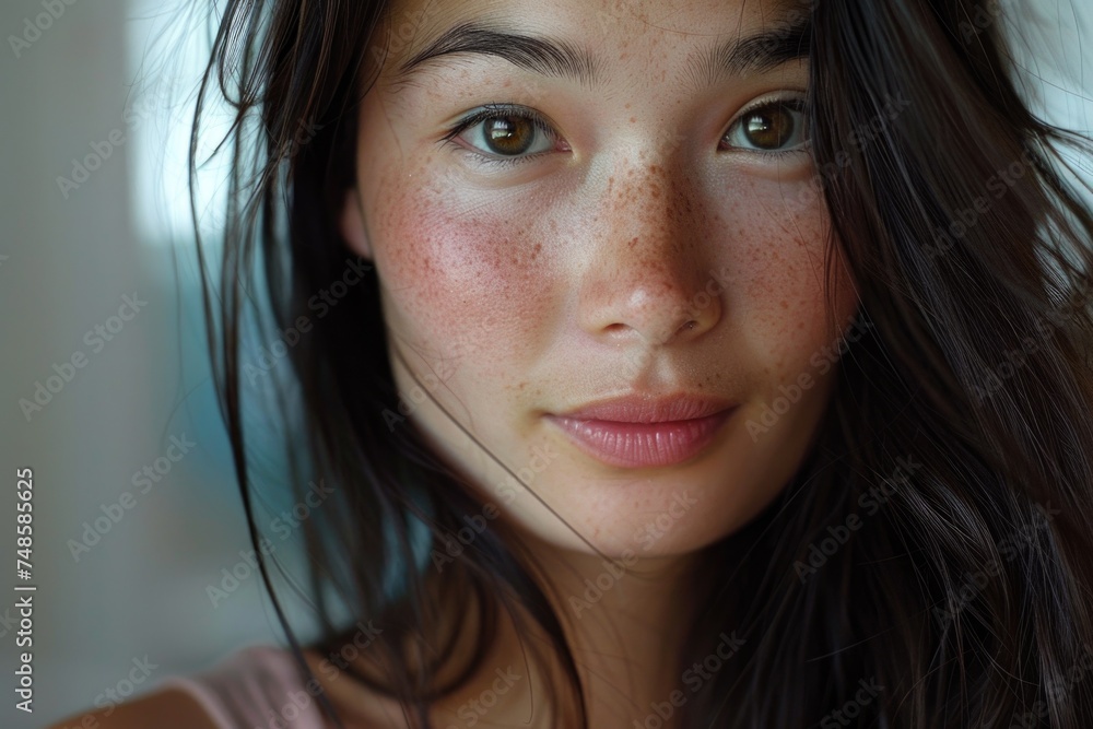 Close-up portrait of a woman with freckles. Suitable for beauty and skincare concepts Close-up portrait of a woman with freckles. Suitable for beauty and skincare concepts