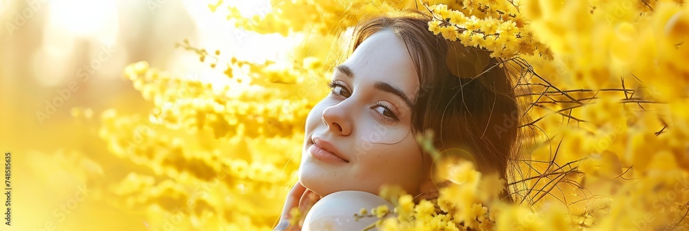 Fototapeta premium Beautiful Woman in Blooming Mimosa Flowers, Large Flowers, Beautiful Princess, Festive Atmosphere