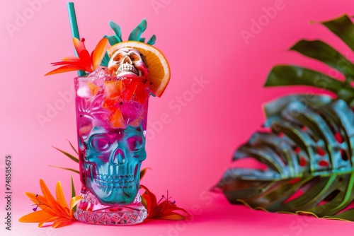 Zombie Tiki Cocktail on Pink Background  Tropical Mocktail with Skull  Halloween Party Coctail  Copy Space