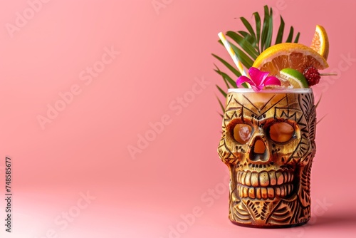 Zombie Tiki Cocktail on Pink Background, Tropical Mocktail with Skull, Halloween Party Coctail, Copy Space photo