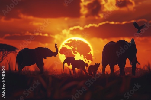 A group of elephants standing in a grass covered field. Suitable for wildlife and nature concepts