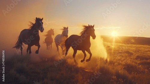 A group of horses running across a field. Suitable for equestrian events promotion photo